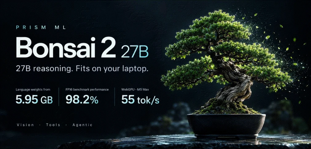 Bonsai 2 27B local reasoning model illustrated with a bonsai tree