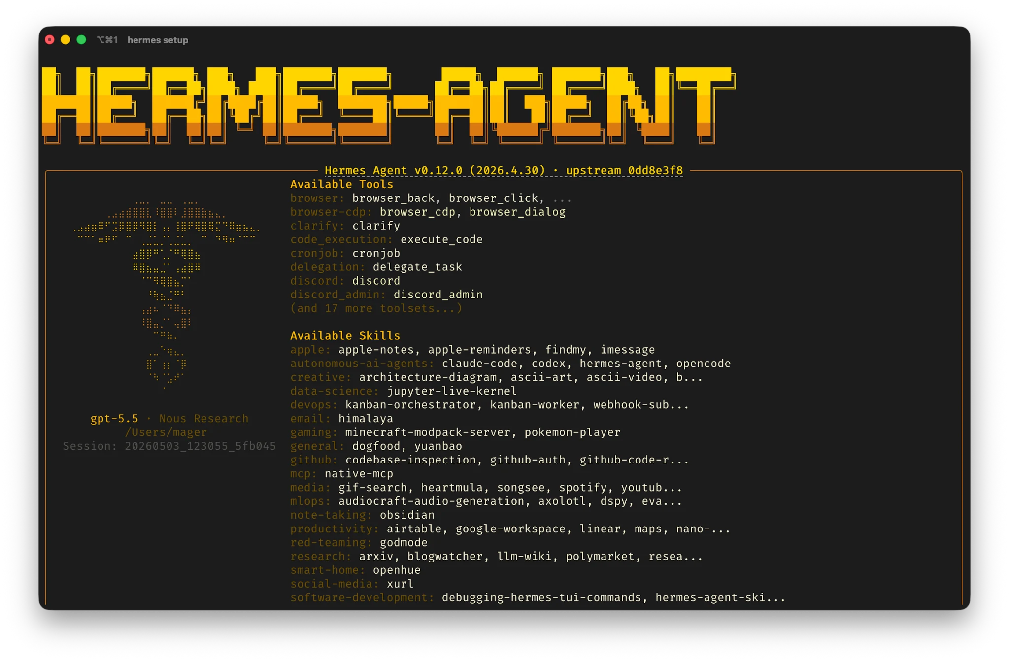 Hermes Agent terminal setup showing available tools and skills