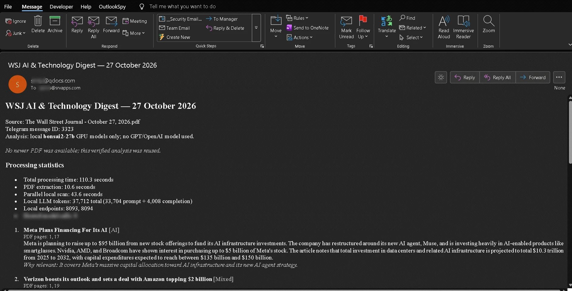 Example Wall Street Journal AI and Technology Digest delivered in Outlook
